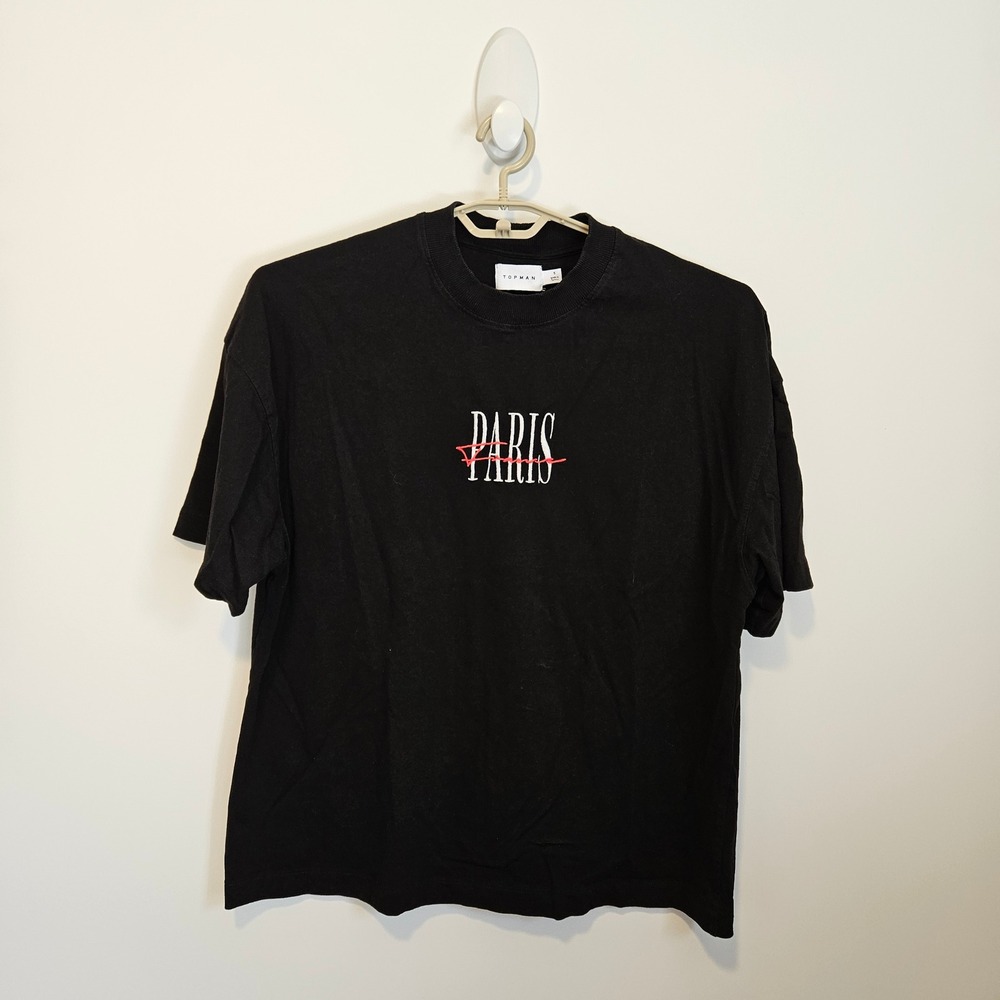 Topman Mens Paris Graphic T-Shirt Black Small Embroidered Short Sleeve Tee Y2K